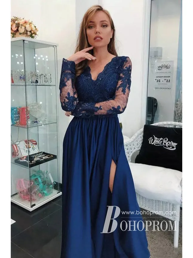 Delicate Rhinestone Satin & Lace Long Sleeves A-line Prom Dresses With Split PD800