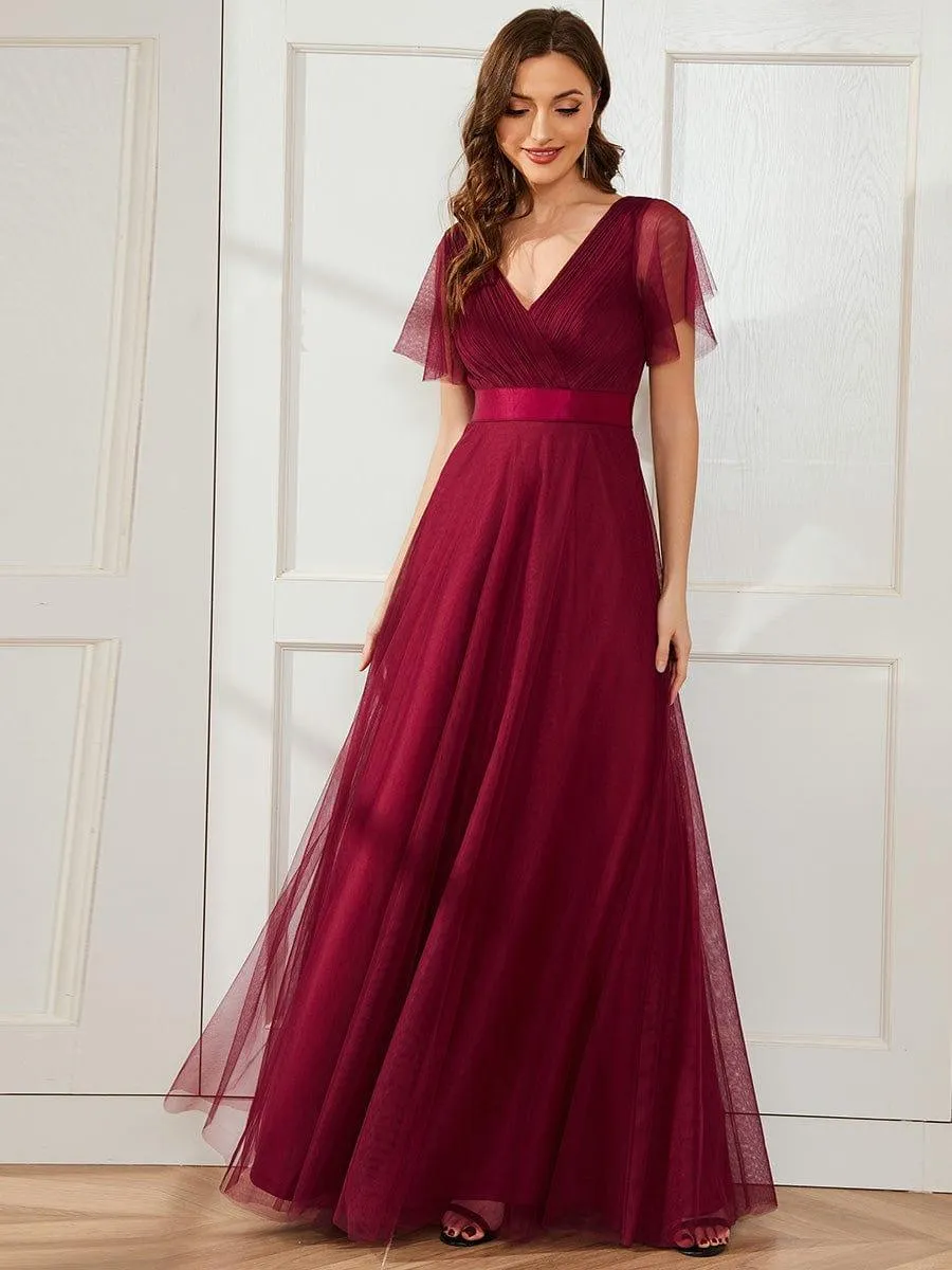 Double V-Neck Tulle Floor-Length Bridesmaid Dress