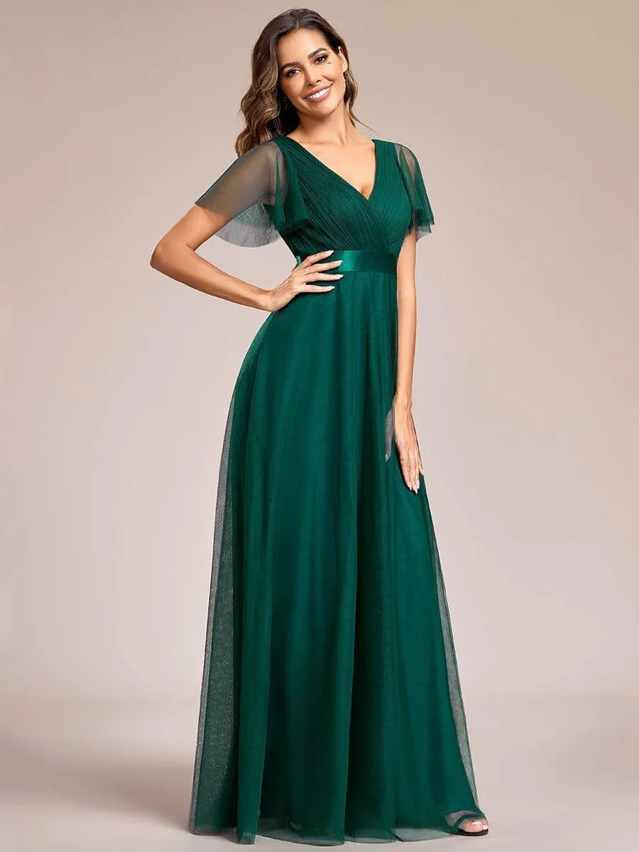 Double V-Neck Tulle Floor-Length Bridesmaid Dress