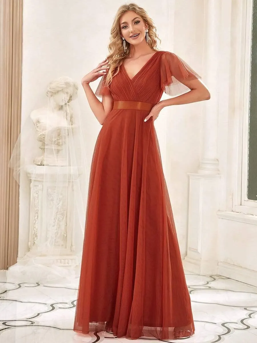 Double V-Neck Tulle Floor-Length Bridesmaid Dress