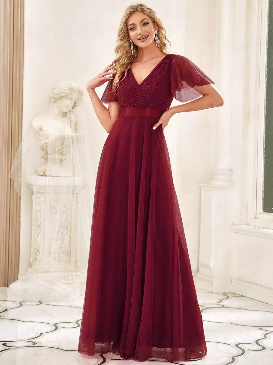Double V-Neck Tulle Floor-Length Bridesmaid Dress