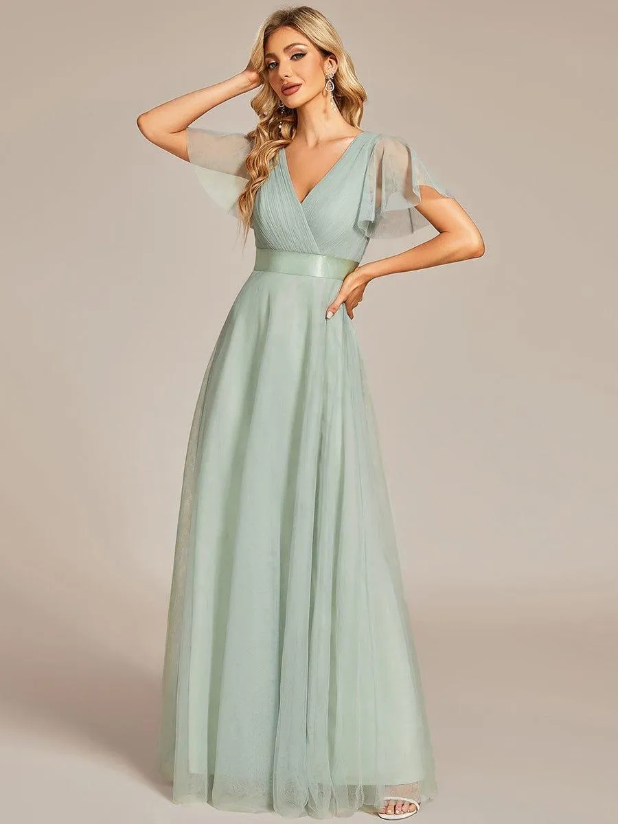 Double V-Neck Tulle Floor-Length Bridesmaid Dress