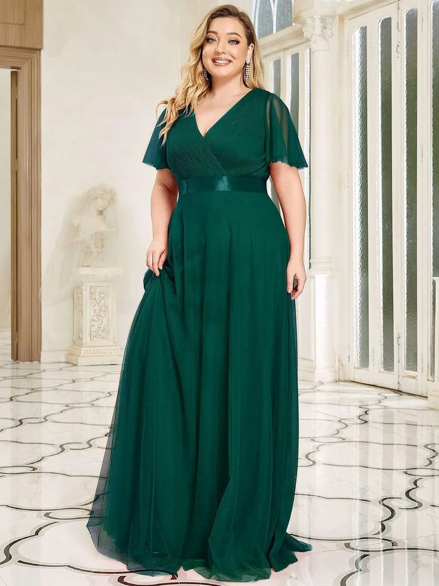Double V-Neck Tulle Floor-Length Bridesmaid Dress