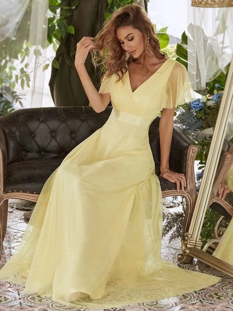 Double V-Neck Tulle Floor-Length Bridesmaid Dress