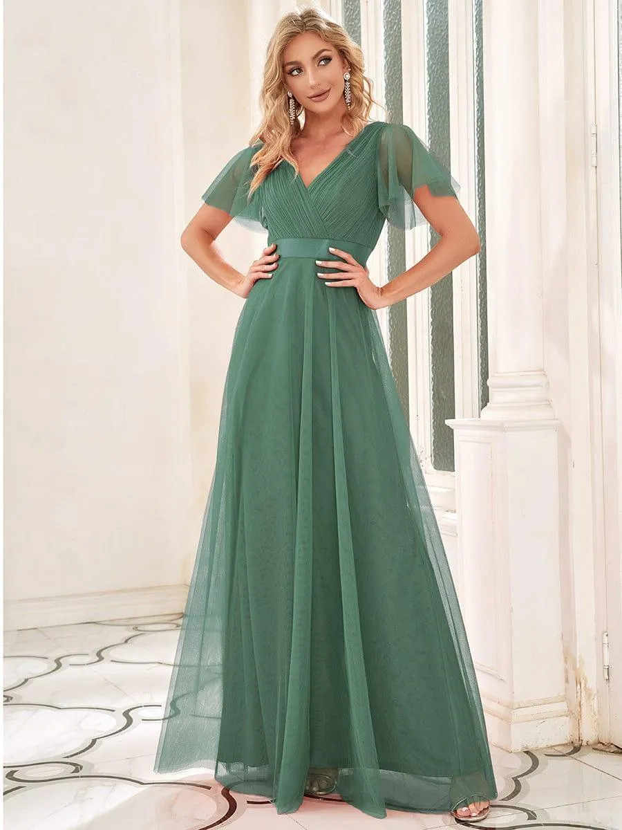 Double V-Neck Tulle Floor-Length Bridesmaid Dress
