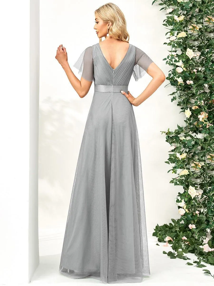 Double V-Neck Tulle Floor-Length Bridesmaid Dress