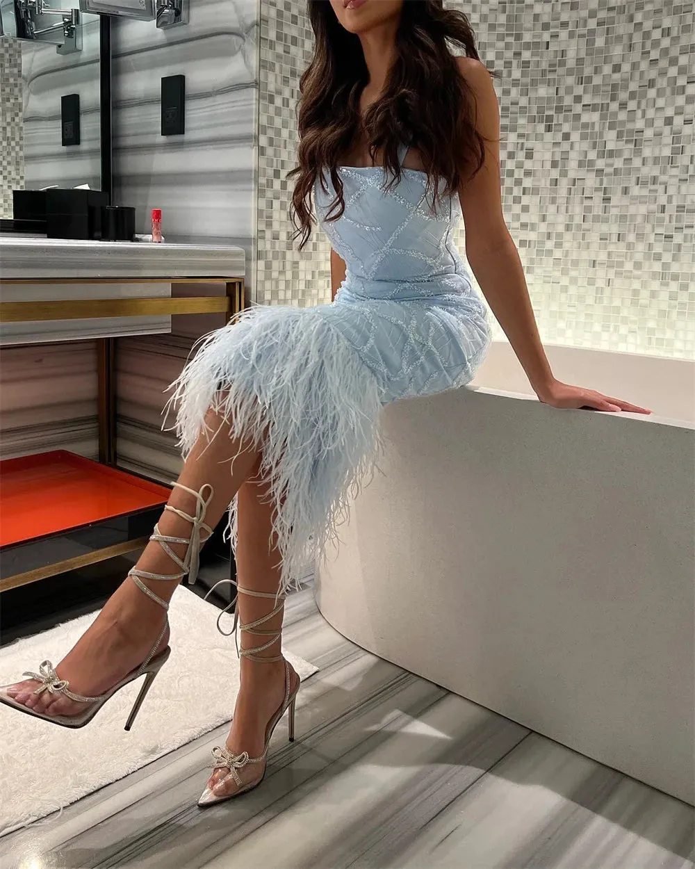 Girlary CustomizedProm Dress Feather Elegant Square Sheath Party  Tea Length Sleeveless Open Back Sequin Feathers Formal Evening Gowns