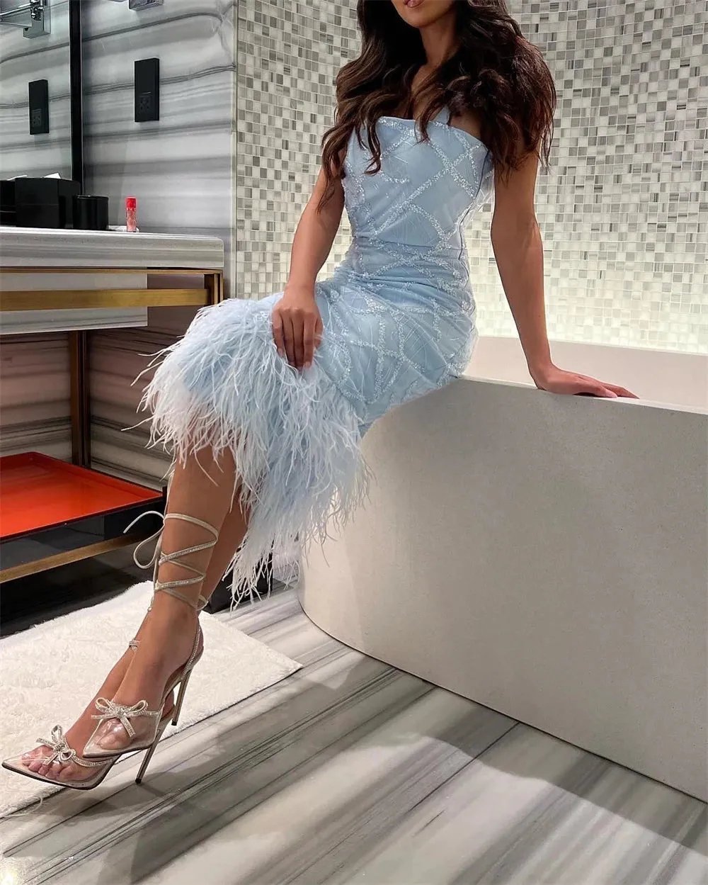Girlary CustomizedProm Dress Feather Elegant Square Sheath Party  Tea Length Sleeveless Open Back Sequin Feathers Formal Evening Gowns