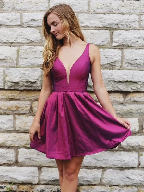 Outstanding Satin V-neck Neckline A-line Homecoming Dresses HD234