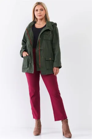 Plus Size Cotton Button Down Hood Utility Jacket /4-3