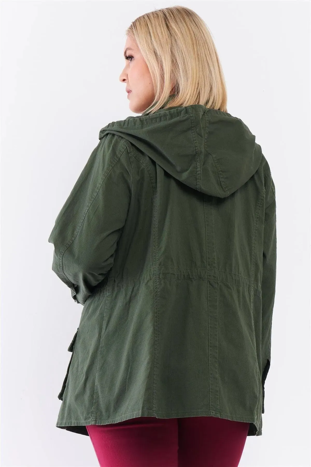 Plus Size Cotton Button Down Hood Utility Jacket /4-3