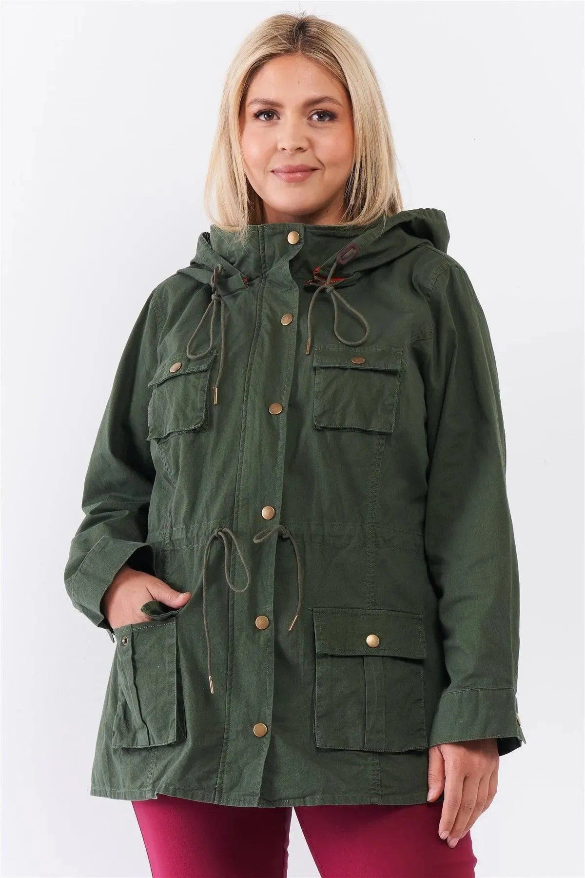 Plus Size Cotton Button Down Hood Utility Jacket /4-3