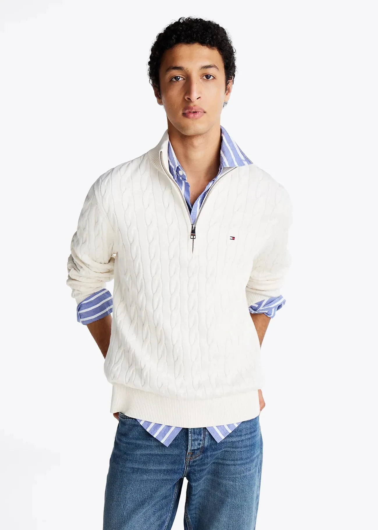 Pull camionneur torsadé Tommy Hilfiger blanc