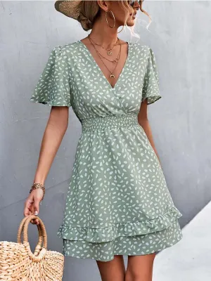 Sexy V Neck Floral Slim Short Lotus Leaf Sleeve Elegant A-Line Dress