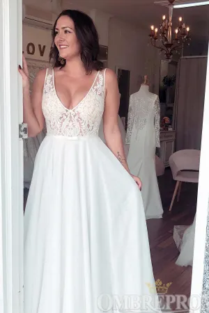 Simple V Neck Sleeveless A Line Lace Wedding Dresses
