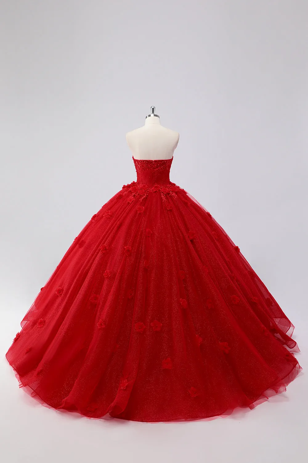 Sparkly Red Ball Gown Strapless Tulle Quinceanera Dress with Flower Appliques