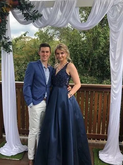 Stunning V-neck Satin Prom Dresses A-line Beaded Gowns With Sweep Train  PD344