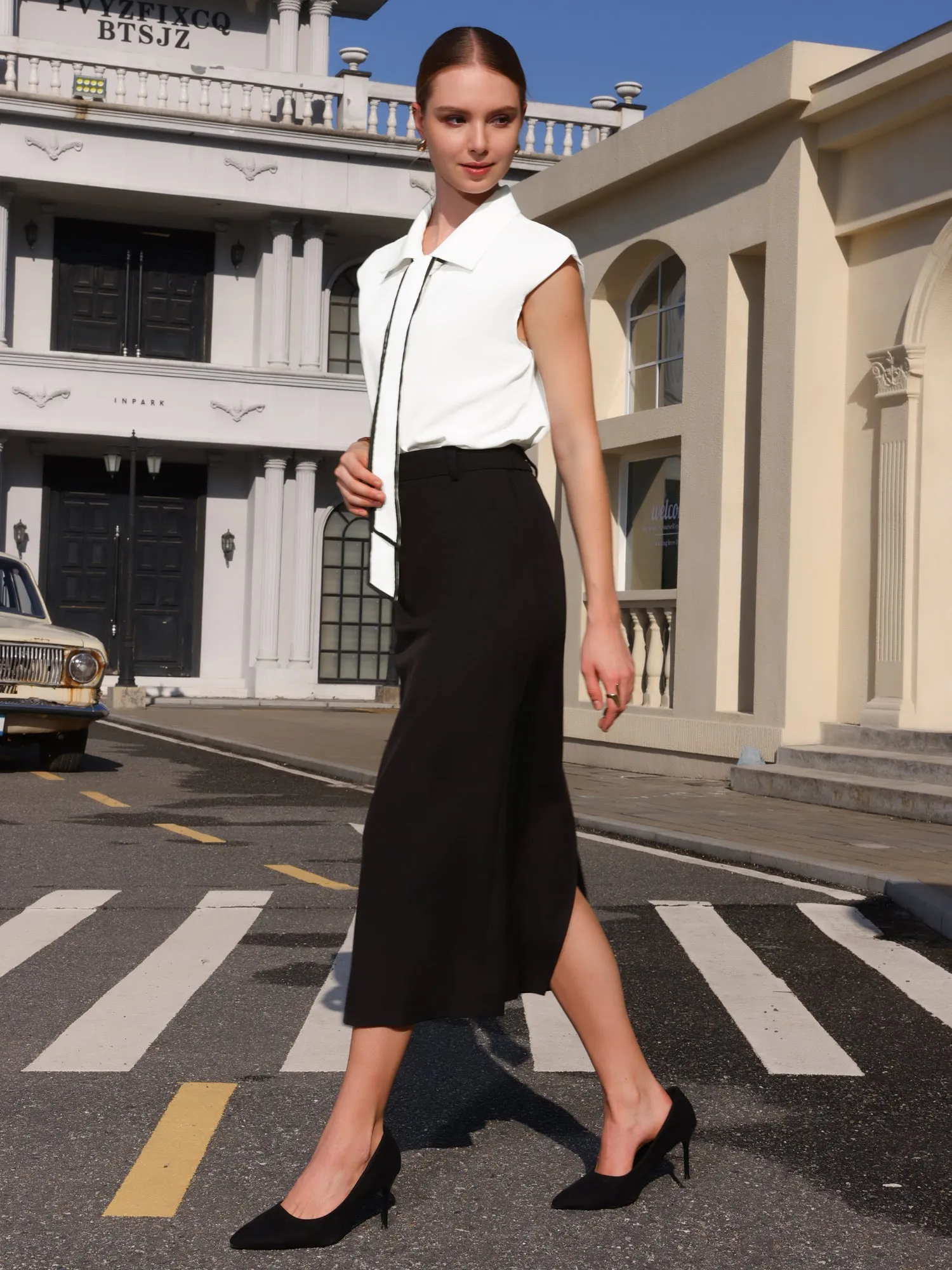 Women's Button Down Shirt Contrast Color Tie Neck Summer Cap Sleeve Office Blouse Top