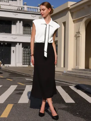 Women's Button Down Shirt Contrast Color Tie Neck Summer Cap Sleeve Office Blouse Top